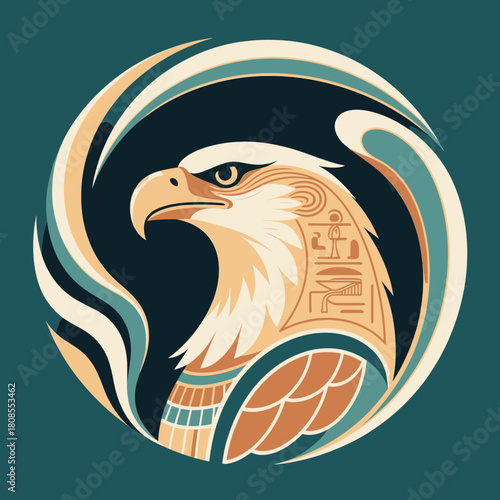 Eagle head illustration with ancient Egyptian hieroglyphics isolated
