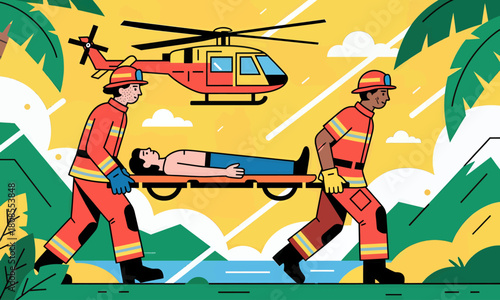 Emergency rescue scene, colorful flat design, outdoor illustration