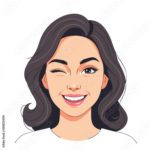 A winking woman with dark hair and a bright smile, showcasing a friendly and playful expression.