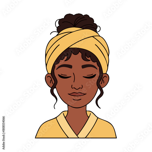 Woman with towel on head and robe, eyes closed.