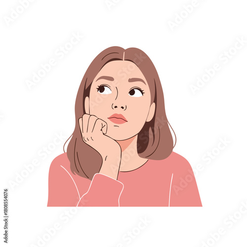 A young woman with brown hair rests her chin on her hand, looking thoughtfully to the side.