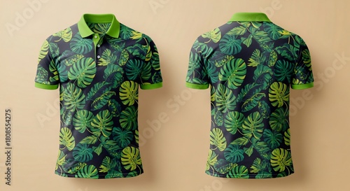 Digital sublimation polo t-shirt mockup, tropical jungle foliage seamless pattern design, green monstera and banana leaves summer vacation apparel clothing template.