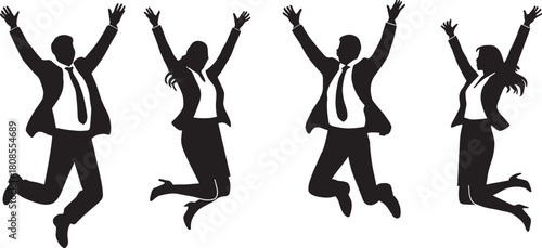 Team celebrating business success pose Four Business People Silhouettes Jumping Joyfully With Arms Raised In Celebration
