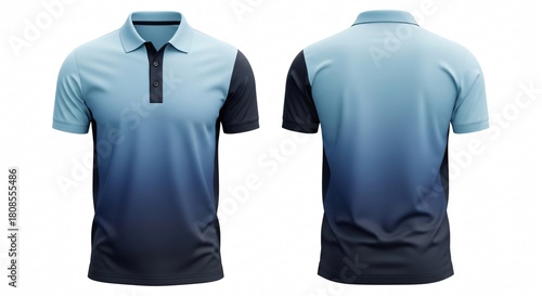 Digital sublimation polo t-shirt mockup, simple vertical blue gradient color fade design, classic style uniform or corporate casual apparel clothing template.