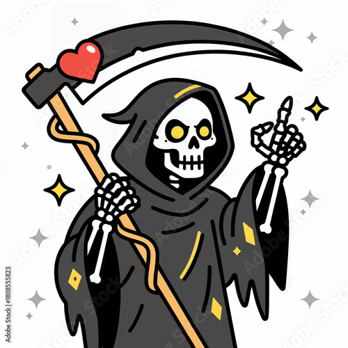 Grim reaper with heart-tipped scythe and stars, playful illustration, isolated