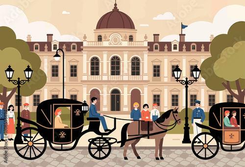 Horse carriage ride in front of a grand palace, vintage style illustration