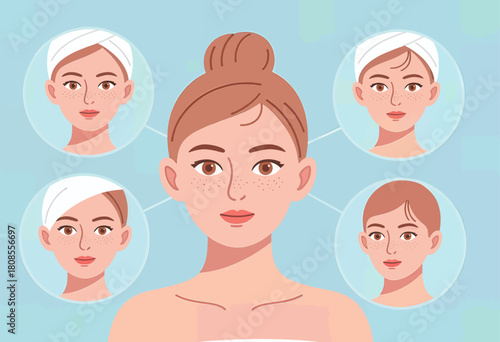 Illustration of a woman with various facial expressions in flat cartoon style