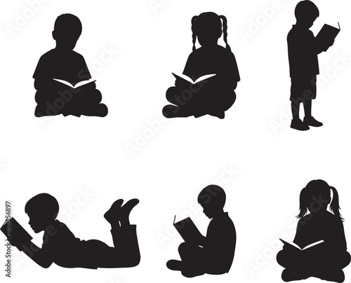 Kids Reading Book Education Silhouette Vector Set