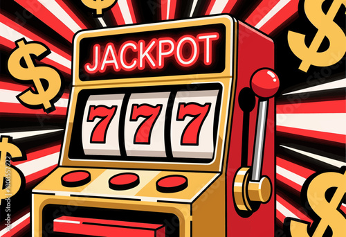 Jackpot slot machine with 777 win, vibrant design, dollar signs background
