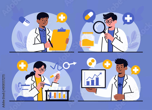 Medical researchers in lab coats, flat design, pharmaceutical research vector