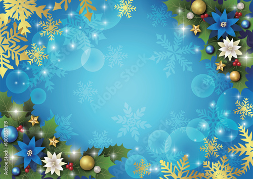 クリスマス背景、ボール、青、ポインセチア、柊、かわいい、イラスト、横