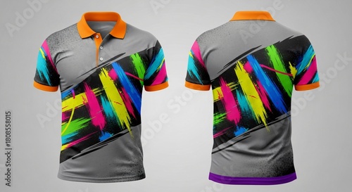 Digital sublimation polo t-shirt mockup, colorful abstract neon brush strokes print pattern design, sporty stylish athletic team jersey clothing apparel.