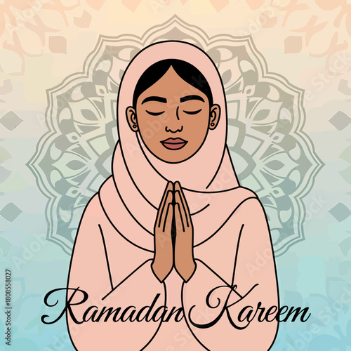Muslim woman praying during Ramadan, minimal vector design
