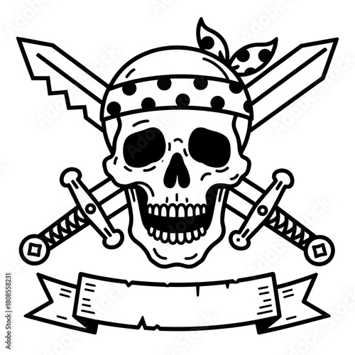 Pirate skull with crossed swords and bandana, minimal black and white design