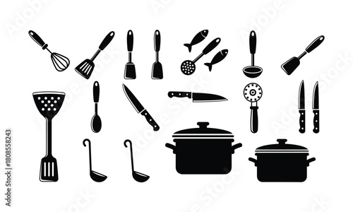 Kitchenware collection illustration showing cookware tools set icons