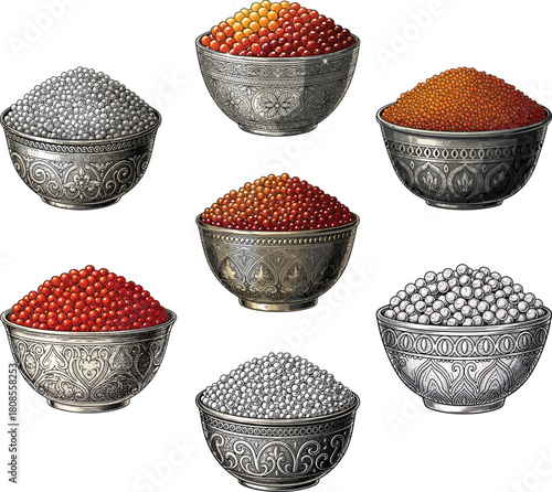 Engraved caviar bowl icon set in vintage seafood illustration style featuring ornate metal bowls filled with roe