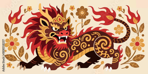 Mythical lion creature with vibrant fiery design and ornate patterns