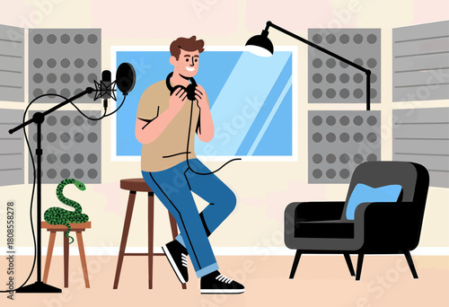 Podcaster in studio adjusting microphone flat vector illustration