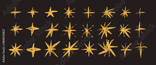 Chalk stars golden on blackboard. Twinkles spark yellow pastel brush set. Pencil crayon drawn twinkles collection. Kids stickers blinks. Christmas simple decoration. Vector asterisk elements isolated.