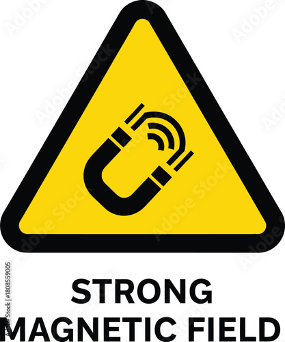 Strong magnetic field warning sign vector illustration of a yellow triangle with a magnet symbol isolated on white background