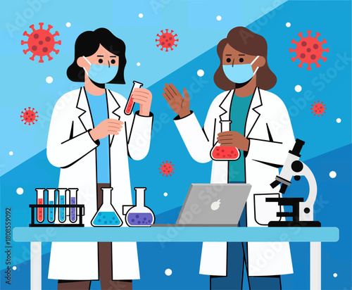Scientists in lab coats researching, flat vector illustration with microscope