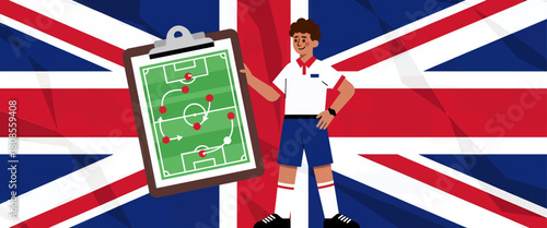 Soccer coach with strategy board, flat vector illustration, British flag background