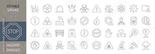 Hazard danger icon set. Editable line icons. Vector illustration.