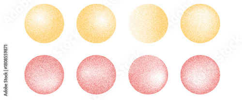 Gritty noise round elements set. Grunge dotwork gradient circles.Red and yellow sun shapes of dots texture. Planet sand diffuse effect callouts. Vector paint spray orbs icon on transparent background.