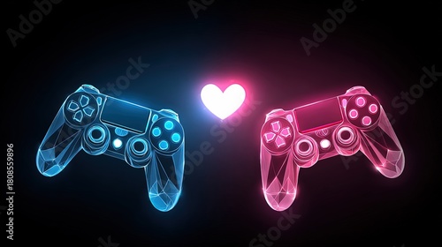 Two abstract geometric game controllers are interconnected by a glowing heart shape on a solid dark background, symbolizing Valentine's day co-op gaming and partnership
