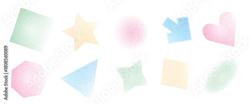 Pastel gritty geometric shapes set. Grainy noise textured y2k elements. Rectangle and circle dot work icons. Vector pink, green and blue pastel illustration isolated on transparent background.