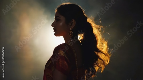 A mesmerizing halo outlines the figure of the model, creating a dramatic silhouette against the soft, dark backdrop.