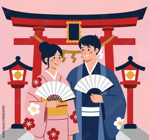 Traditional Japanese couple with fans, flat design, shrine background
