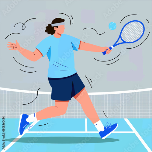 Tennis player swinging racket in minimal flat style illustration