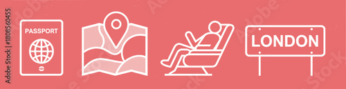Travel icons with passport map airplane chair and city for vacation