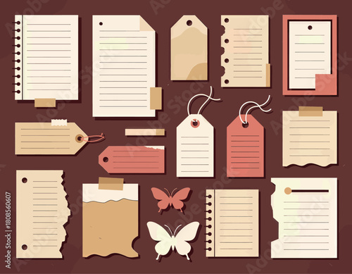 Vintage paper collection, flat design note tags, organized concept
