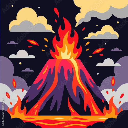 Volcano eruption illustration, flat design, lava and flames