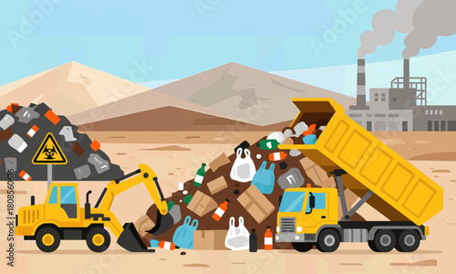 Waste management concept, colorful flat design, factory setting