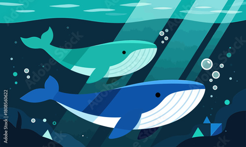Whales swimming underwater vector illustration, playful style with abstract sea