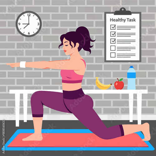 Woman exercising in flat vector illustration, health and fitness theme
