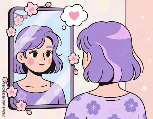 Woman with purple hair looking in mirror, cartoon style, self-love theme