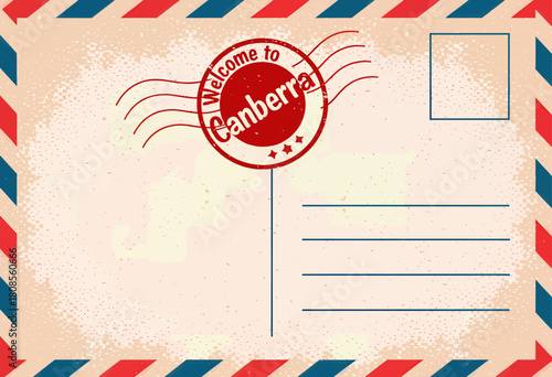 Vintage postcard illustration, grungy design with postmark, Canberra theme