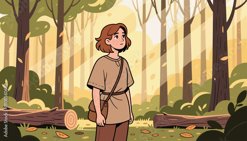 Young adventurer in a forest, flat vector scene, brown clothing