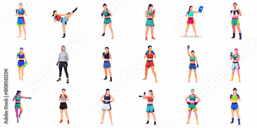 Flat Style Full Body Female Muay Thai Fighter Set Character Design