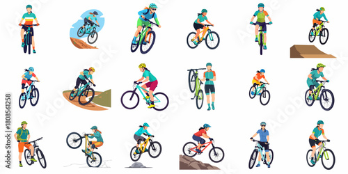 Flat Design Detailed Cyclist Riding Mountain Bike Sport Activity Illustration Set