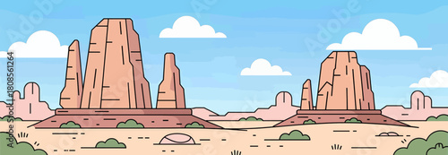 Desert landscape flat design with minimal rock formations and clear sky