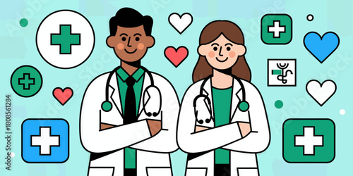Doctors with stethoscopes, flat style, healthcare concept, isolated