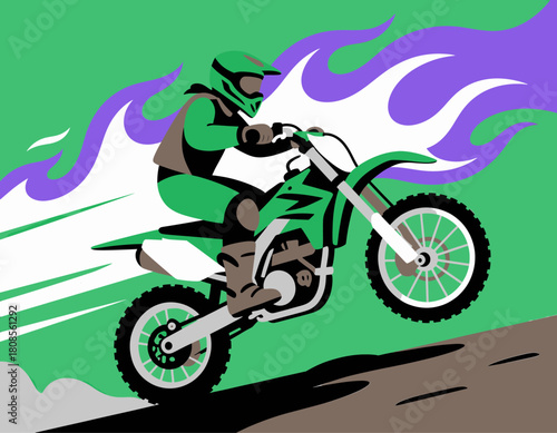 Dynamic motocross rider, colorful flat vector illustration, racing