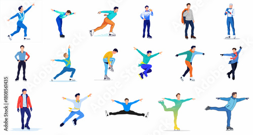 Flat Style Diverse Figure Skater in Various Poses People Illustration