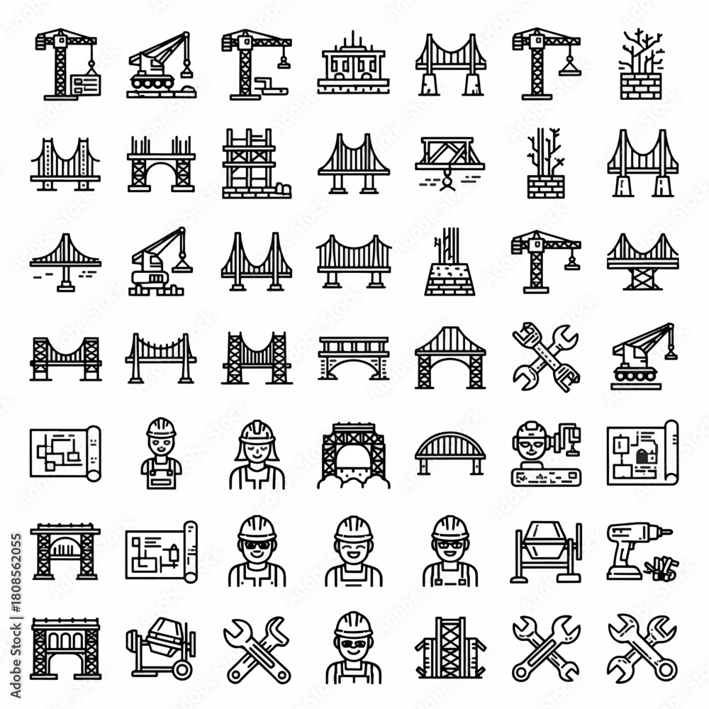 Naklejka premium Collection of construction engineering icons bridges cranes builders concrete mixer and tools for design infographic elements