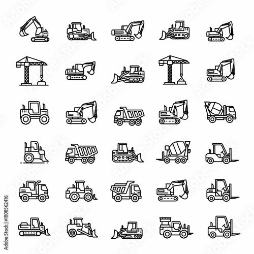 Collection of Industrial Construction Vehicles and Equipment Line Icons Set Vector Graphic Illustration